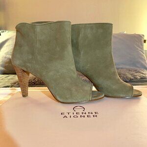 Etienne Aigner real suede peep-toe booties olive green 7.5  with original box
